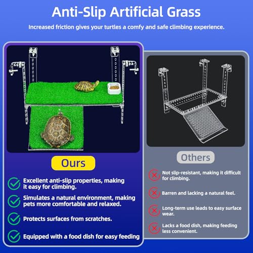 Adjustable Hanging Acrylic Turtle Basking Platform with Ramp 11x5.8 | Anti-slip grass deck for safe basking; adjustable clips fit most rims. Sturdy acrylic ramp, easy setup. Clear view. - size: 11x5.8 Inch