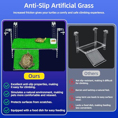 Adjustable Hanging Acrylic Turtle Basking Platform with Ramp 13x6.9 | Anti-slip grass dock for safe basking; adjustable clips fit most rims. Sturdy acrylic ramp, easy setup. Clear view - size: 13x6.9 Inch