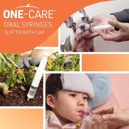 ONE-CARE 5ml Oral Syringe with Cap, Slip Tip Liquid Dispensers, 100/Box | Individually Wrapped, Food-Grade Plastic, Accurate Graduation for Precise Liquid Dosing, Oral Feed - Infants, Adults & Pets - size: 5ml