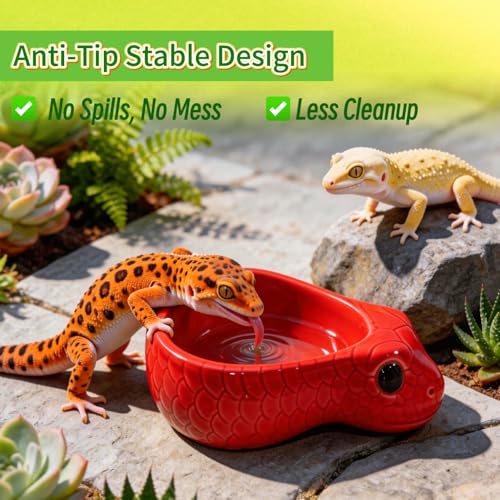 Reptile Water Dish, Ceramic Snake Water Bowl for Snake, Leopard Gecko, Bearded Dragon and Lizard, Reptile Bathing Pool Food Feeding Dish, Terrarium Tank Accessories (Red) - color: Red