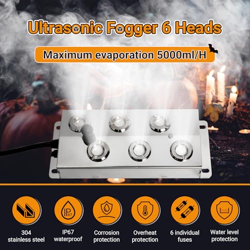 Ultrasonic Mist Maker Fogger 6 Heads, 5000ml/H Ultrasonic Fogger | 200W & IP67 Power Supply, with 2 Floats & 6 Atomizer Heads Replacements for Fountain Pond, Halloween - size: 6 Heads