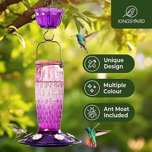 Kingsyard Glass Hummingbird Feeder for Outdoors with Ant Moat | 24 oz, Wide-Mouth Opening, 6 Metal Feeding Ports, Bee Guard, Easy to Clean & Refill Nectar, 360 Degree Perch, Pink & Purple - color: Pink & Purple