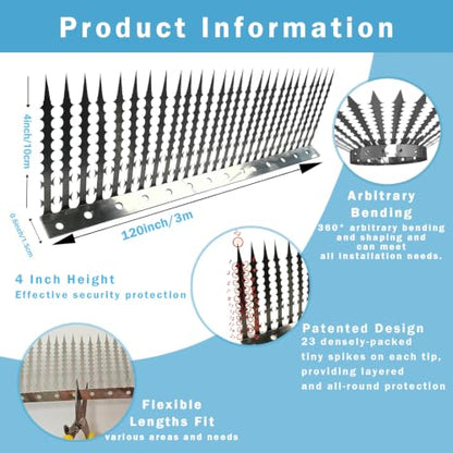 300cm Anti-Bird/Squirrel Spikes&Squirrel Proof Baffle for Bird Feeders Pole | 4in Multi-Layer Barrier with 23 Prong,for Shepherd's Hooks/Fences/Roofs/Trees/Gutters&Downspouts,Repels Pigeons,Raccoons,Mice - size: Large-3M*10CM