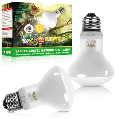 LUCKY HERP New Upgrade 50W Reptile Heat Lamp Bulb (3rd Gen, Safer), Amphibian Basking Spot Light Bulb, UVA Reptile Daylight Bulb for Turtle, Bearded Dragon, Lizard Heating Use (2 Pack) - size: 50