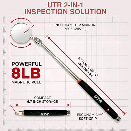 UTR Perfect - 2 in 1 - One side - 2" Telescopic Mirror for Inspection, Flexible Mirror 360 Rotation. Other side - 8lb Steel Magnet for Magnetic Pick-up. Two Tools Combined Together