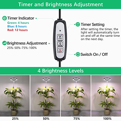 LORDEM Black Full Spectrum LED Grow Light, 72 LEDs, 4 Brightness Settings, Auto On/Off Timer, Height Adjustable, Ideal for Large Plants | 72 LEDs Plant Light, Auto Timer 4/8/12H, 4 Dimmable Levels, Height Adjustable 9.8-65 inch, Ideal for Tall Houseplants
