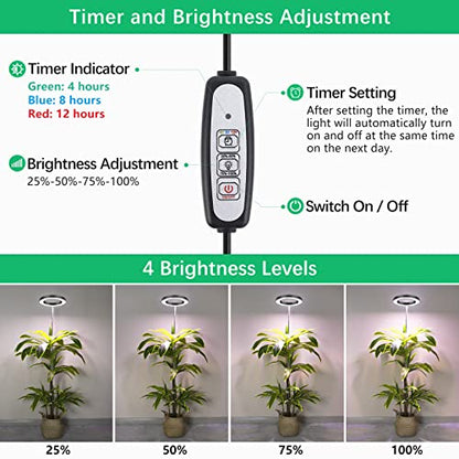 LORDEM Black Full Spectrum LED Grow Light, 72 LEDs, 4 Brightness Settings, Auto On/Off Timer, Height Adjustable, Ideal for Large Plants | 72 LEDs Plant Light, Auto Timer 4/8/12H, 4 Dimmable Levels, Height Adjustable 9.8-65 inch, Ideal for Tall Houseplants