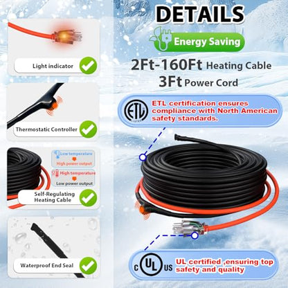 HEATIT 40ft ETL Certified Self-Regulating Heat Cable for Water Pipes 3W/FT | For residential and commercial use, built-in thermostat operates only when temperatures approach freezing. - style: 40 ft