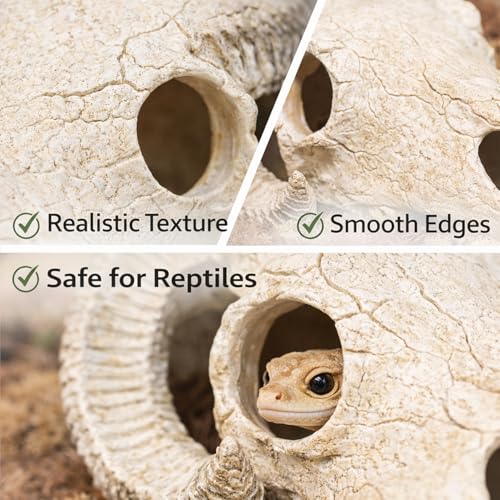 Reptile Hide Cave, Ram Skull Resin Shelter for Leopard Gecko, Lizard, Small Snake, Frog and Salamander, Terrarium Aquarium Fish Tank Decor for Small Reptiles and Amphibians