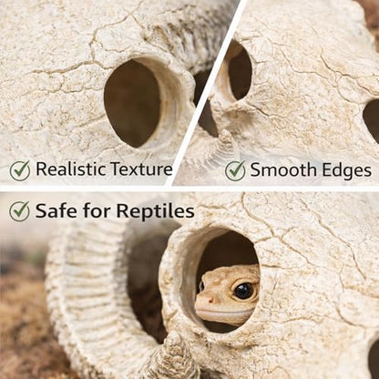 Reptile Hide Cave, Ram Skull Resin Shelter for Leopard Gecko, Lizard, Small Snake, Frog and Salamander, Terrarium Aquarium Fish Tank Decor for Small Reptiles and Amphibians