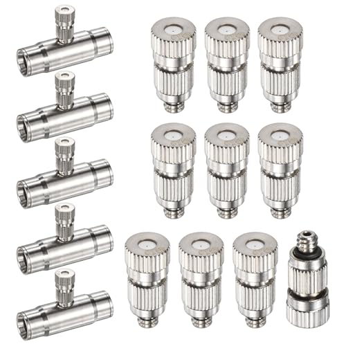 M METERXITY 20-Pack Brass Misting Nozzle Tee Kit, 0.4mm Orifice Dia. High Pressure Spray Misting Nozzle Head, Slip Connectors for 3/8 Inch Drip Irrigation Tubing Kit Outdoor [3/16" Threaded] - size: 0.4mm