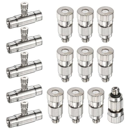 M METERXITY 20-Pack Brass Misting Nozzle Tee Kit, 0.4mm Orifice Dia. High Pressure Spray Misting Nozzle Head, Slip Connectors for 3/8 Inch Drip Irrigation Tubing Kit Outdoor [3/16" Threaded] - size: 0.4mm