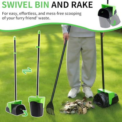 ienjoyed 43" Tall Pooper Scooper Large Swivel Bin & Rake with 100 Waste Bags,Heavy Duty Dog Pooper Scooper for Dogs, Long Handle Poop Scooper with Lid for Yard, Grass, Gravel (Green) - color: Green(43" Tall)