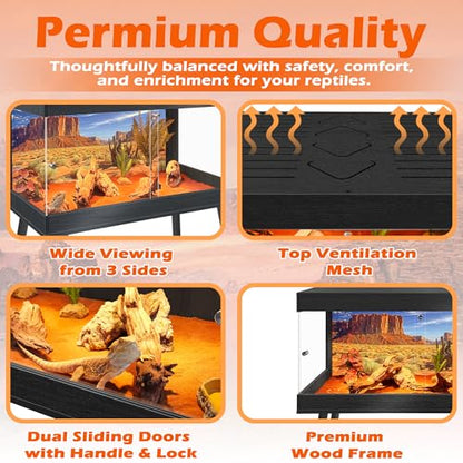 ROYXEN Reptile Tank 34 Gallon, Bearded Dragon Tank with Leg Stand, Tempered Glass Reptile Enclosure, Lizard Tank for Chameleon, Lizard Habitat (Black, 32 Length Inch) - color: Black, size: 32"x16"x15.5"