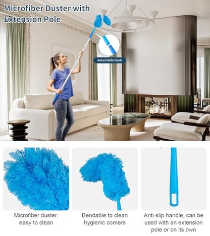 Window Cleaning Kit, Swivel Squeegee & Scrubber with Extension Poles, Foldable Bucket, Blendable Duster, 2 Scrubber Pads & Cleaning Cloth, Glass Scraper Cleaning Tool Kit for Window Glass Mirror Car - color: Silver-13pcs