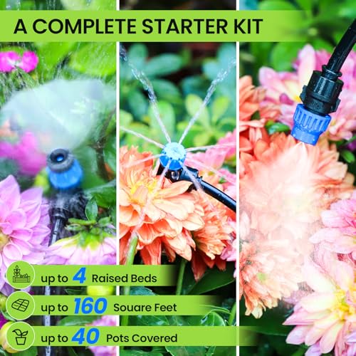 Drip Irrigation System Kit for Garden Watering, 247FT Quick Connect | For Garden, Raised Beds, Greenhouses, with 50FT 5/16" Mainline + 1/4" Tubing + 40 Emitters, 20-45 PSI and up to 40 GPH - size: 247 FT - 50 FT 5/16" Tubing + 197 FT 1/4" Tubing