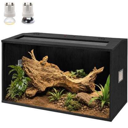 Bearded Dragon Tank, Reptile Enclosure, Tempered Glass Lizard Tank, Bearded Dragon Enclosure with Built-in Lamp Fixture and Wooden Roof for Chameleon (24x16x16 Inch, Black) - color: Black, size: 30 gallons
