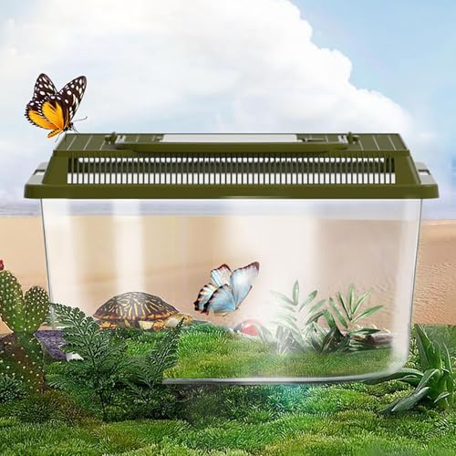 Transparent Reptile Feeding Box 360°, Standard Faunarium with Handle, Reptile Tank Transport & Portable Habitat Feeding Boxes, Transparent Plastic Pet Houses for Gecko, Frog, Lizard, Tarantula (Green) - color: Green