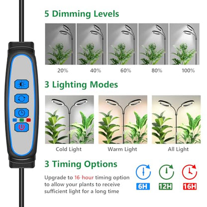 Aumtrly 2 Head Grow Light Full Spectrum, Black, with 68" Adjustable Stand | 6/12/16H Timer, 5 Dimming Level, 168 LED Halo Design, Flexible Gooseneck, Metal Base, Floor Growing Lamp for Large Tall Plant - size: 2 head 68inch/black