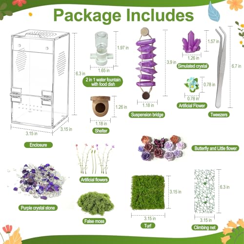 Jumping Spider Enclosure,DIY Insects Habitat,Small Reptile Terrarium Glass House Accessories Set,with Jumping Bridge Hide Water Feeder (Purple) - color: Purple