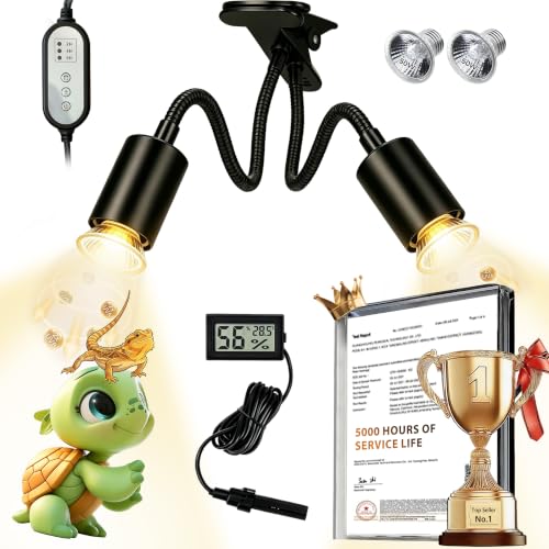 5.0 New Upgraded Reptile Heat Lamp& Hygrothermograph|Individual Control |135°Golden Wide-Angle|5000 Hours of Service Life|UVA UVB Light for Reptiles for Turtle Lizard and More 2 Bulbs 50W