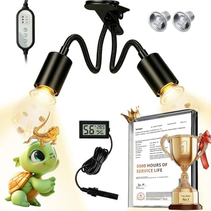 5.0 New Upgraded Reptile Heat Lamp& Hygrothermograph|Individual Control |135°Golden Wide-Angle|5000 Hours of Service Life|UVA UVB Light for Reptiles for Turtle Lizard and More 2 Bulbs 50W