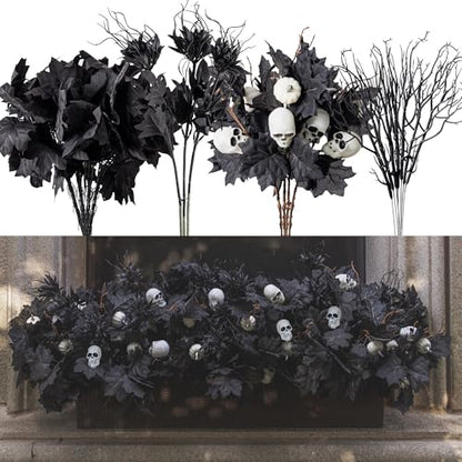 18pcs Fake Plants Outdoor, Halloween Maple Pumpkin Branch, Autumn Artificial White Pumpkins Stem with Black Maple Leaves, Faux Maple Leaves Spray for Halloween Thanksgiving Home Deocr - color: Black