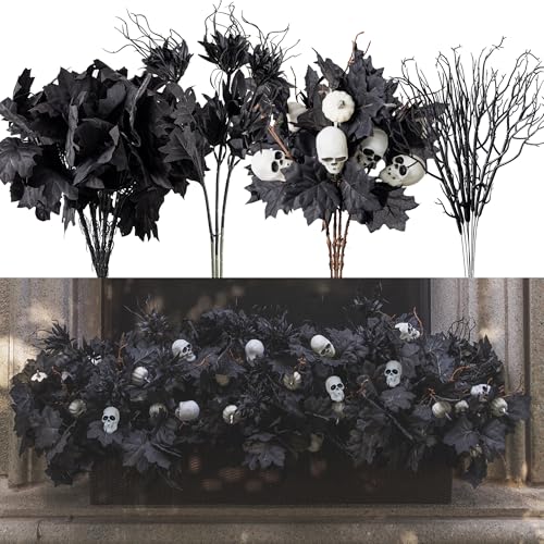18pcs Fake Plants Outdoor, Halloween Maple Pumpkin Branch, Autumn Artificial White Pumpkins Stem with Black Maple Leaves, Faux Maple Leaves Spray for Halloween Thanksgiving Home Deocr - color: Black