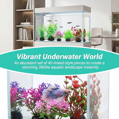 Veemoon 40 Pcs Artificial Aquarium Plants Fish Tank Decor, 1.97 Inches Mixed Style Plastic Aquatic Weeds, Small Fake Terrarium Vegetation Betta Turtle Accessories
