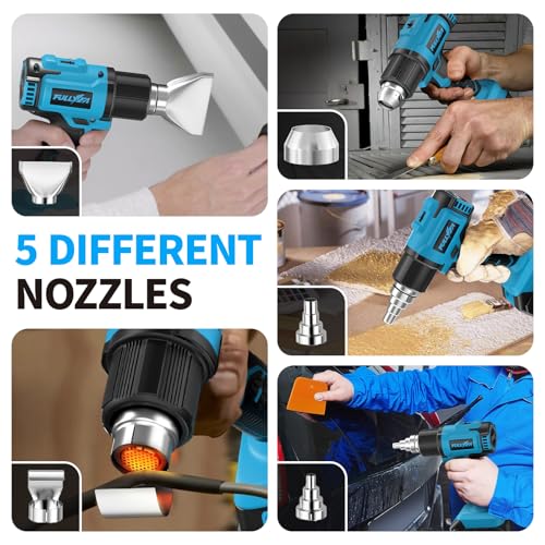 FULLYEA Heat Gun Cordless, Max 1022°F (550°C), Hot Air Gun Kit with 2x4.0Ah Batteries & 5 Nozzles, Lightweight Portable, Battery Heat Gun for Shrink Tubing, PVC Wrap, DIY Craft (Blue)
