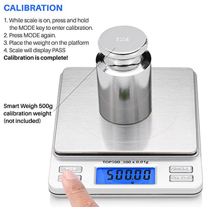 Smart Weigh Digital Pro Pocket Scale 500g x 0.01g – 6 Units: g, oz, gn, ozt, DWT, ct – High Precision for Kitchen, Herbs & Jewelry – Includes Hold/Counting, 2 Trays & Batteries - size: 500 Grams