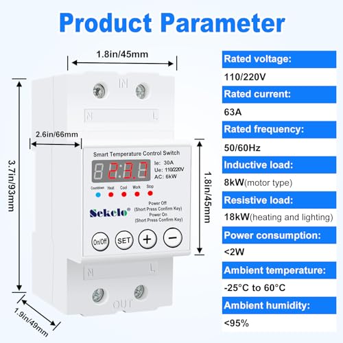 High-Power Temperature Control Switch, 63A 110V/220V Digital Thermostat | -40°C To 140°C Range, Real-Time LCD Display, Heating Cooling Control, Rail-Mounted, for Greenhouses, Aquaculture,Boilers