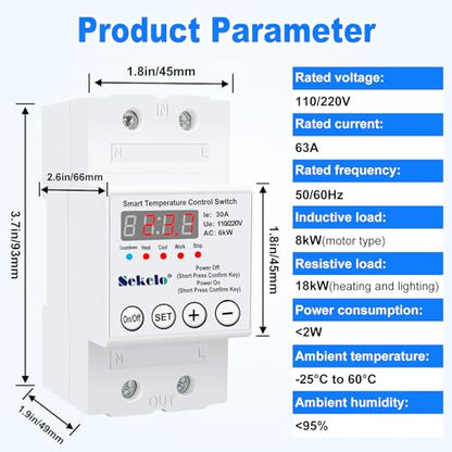 High-Power Temperature Control Switch, 63A 110V/220V Digital Thermostat | -40°C To 140°C Range, Real-Time LCD Display, Heating Cooling Control, Rail-Mounted, for Greenhouses, Aquaculture,Boilers