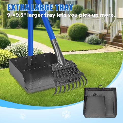 Larger Dog Pooper Scooper for Large Medium Small Dogs Stainless Steel | Heavy Duty No Bending with Rake & Shovel & Extra Large Tray for Yard - color: 2.Blue with black