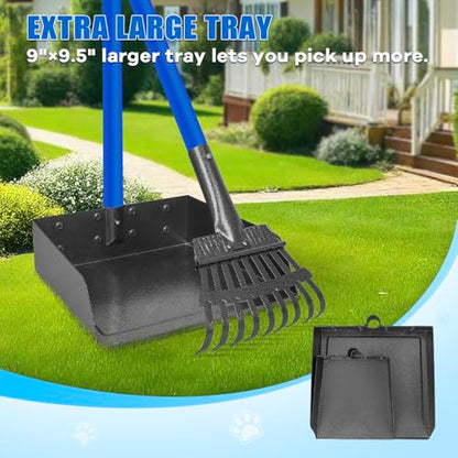 Larger Dog Pooper Scooper for Large Medium Small Dogs Stainless Steel | Heavy Duty No Bending with Rake & Shovel & Extra Large Tray for Yard - color: 2.Blue with black