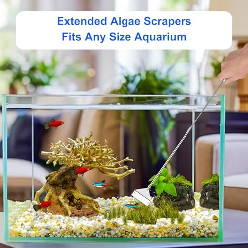 25 in Algae Scraper for Glass Aquariums - with Sheath, 10 Blades | Wide Blade, Durable Stainless Steel, Powerfully Remove Stubborn Algae, Included Blade Sheath, 10 Replaceable Blades