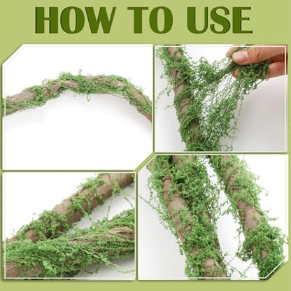 Janinka 2 Pcs 118in Large Bendable Artificial Tree Branches with Moss | Enchanted Forest Decorations, DIY Jungle Climber Vines, Fake Moss Jungle Party Decor, Garden Landscape Reptile Habitat Decor