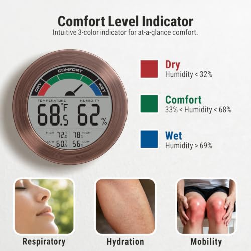 Digital Hygrometer Indoor Thermometer Humidity Meter Room Temperature Humidity Monitor, Metal Frame with Brushed Stainless Finish, DM9442 (Bronze) - color: Bronze