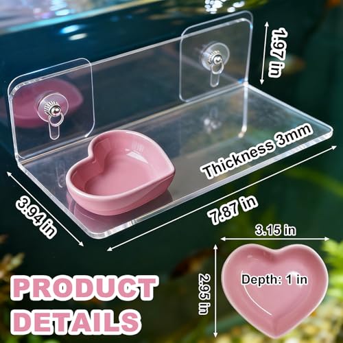 Axolotl Feeding Shelf with Feeder Bowl, Axolotl Hammock for Aquarium with Feeding Tray, Axolotl Tank Accessories for Bearded Dragons, Geckos, Lizards, Hamsters, Crabs - color: Feeding Shelf with Pink Feeder Bowl