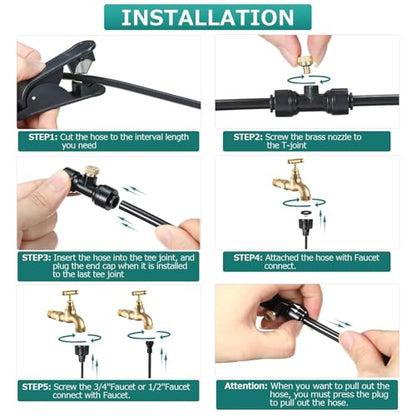 GOTGELIF Patio Misting System, DIY Outdoor Water Mister Cooling Kit | 50FT Leak-Proof Hose with 12 Brass Nozzles, 3/4 Faucet Adapter & 2 Shut-off Valves for Garden, Gazebo, Greenhouse Cooling