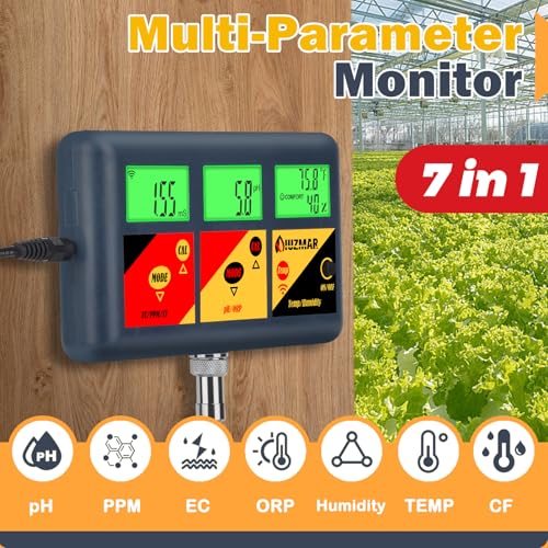 pH EC Meter for Hydroponics 7 in 1 pH EC PPM CF ORP Temp Humidity | Continuous Monitor pH ORP Meter for Water Hydroponics EC PPM Meter for Hydroponic Garden DWC Setup Aeroponic