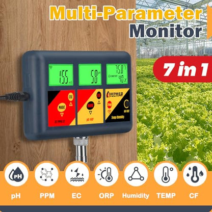 pH EC Meter for Hydroponics 7 in 1 pH EC PPM CF ORP Temp Humidity | Continuous Monitor pH ORP Meter for Water Hydroponics EC PPM Meter for Hydroponic Garden DWC Setup Aeroponic