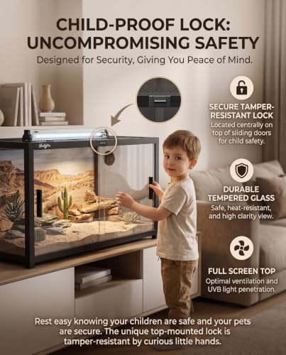 68 Gallon Reptile Tank, Reptile Enclosure Front Sliding Door | Stackable ventilation reptile terrariums Tank anti-escape locks and no-fingerprint handles maximizes UVB transmissionn - color: Black, size: 68 Gallon