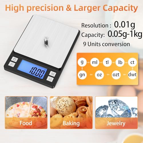 BOMATA 0.01g Small Digital Gram Scale, Upgraded 1kg Jewelry Scale | USB Rechargeable, Larger Display, Hold Function, High Precision, Grams and Ounces for Herb, Coin, Powder,Yeast, Kitchen Black - size: 0.01g/1kg Black