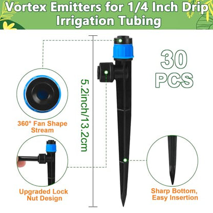 Push-to-Fit Drip Irrigation Vortex Emitters for 1/4" Drip Irrigation Tubing, 30 Pcs Adjustable 360 Degree Water Flow Fan Shape Drippers with Stake for 4/7mm Tube for Garden Watering System - size: Push-to-fit Vortex Emitters - 30 Pieces