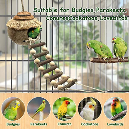 Tfwadmx Hanging Bird House with Ladder Natural Coconut Fiber Birds Nest Coco Shell Hideaway Lovebird Swing Toys Parrot Cage Accessories for Parakeet Finch Parrot Canary