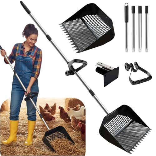 Chicken Poop Scooper & Rake 2-in-1, Adjustable Steel Handle Chicken Poop Shovel (24"-63.7"). Chicken Coop Scoop for Chicken Coop and Pet Poop Cleaning with Ergonomic Grip-Honeycomb