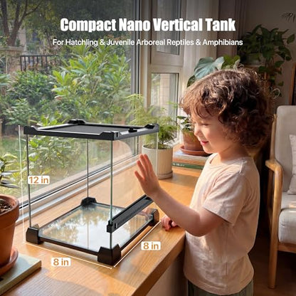 3 Gallon Fully Assembled Glass Reptile Enclosure, 8"x 8" x 12" | Tall Vertical Front-Opening Small Terrarium Tank for Hatchling & Juvenile Arboreal Reptiles & Amphibians - size: 8"Lx8"Wx12"H