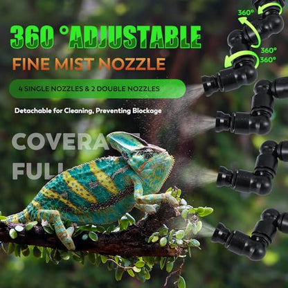 Moongiantgo Reptile Misting System with 360°Adjustable Nozzles&Timer Socket | Reptile Mister with 4PCS 360°Adjustable Single Nozzles&2PCS Double Nozzles, Terrarium Mister for Lizard Chameleon Snake Frog