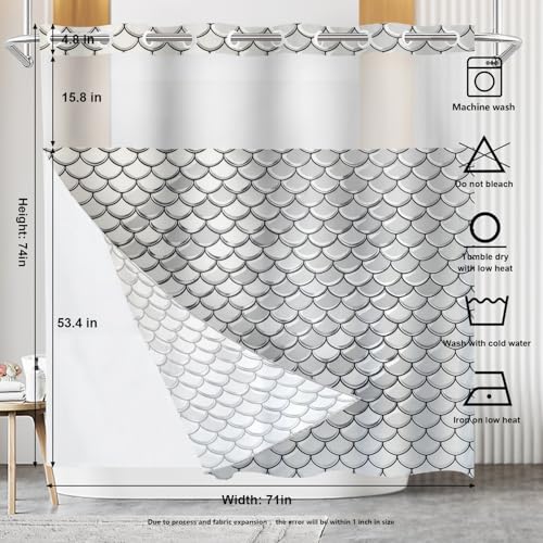 Snake Scale No Hooks Shower Curtain with Snap in Liner Set, Gray Fish Scale Pattern Tub Curtainn Mesh Top Window & Magnetic Hem Waterproof 71X74 Inch - color: Snake Scale 1 White03, size: 71"W x 74"L (Pack of 1)